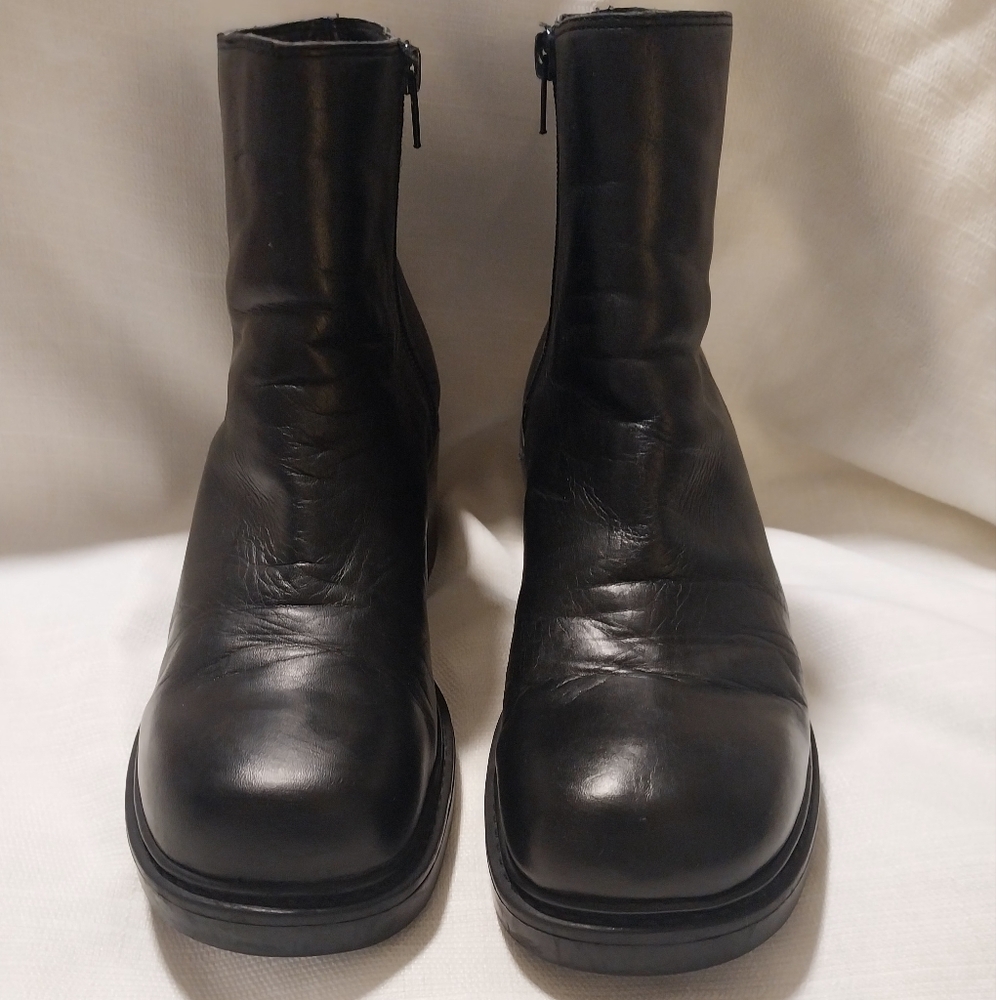 Nine West Cloud 9 Y2K Black Leather Chunky Square Toe Ankle Boots